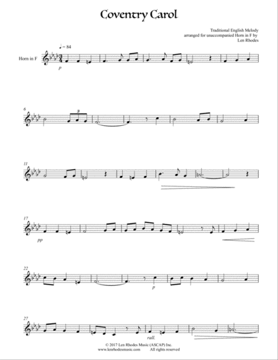 The Coventry Carol, for unaccompanied French Horn A Cappella scores gallery preview page 1