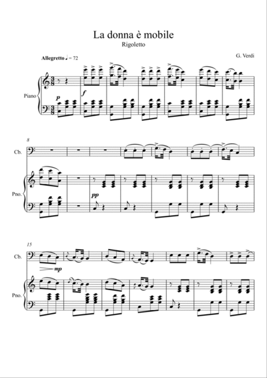 Giuseppe Verdi - La donna e mobile (Rigoletto) Double Bass - C Key String Duet scores gallery preview page 1