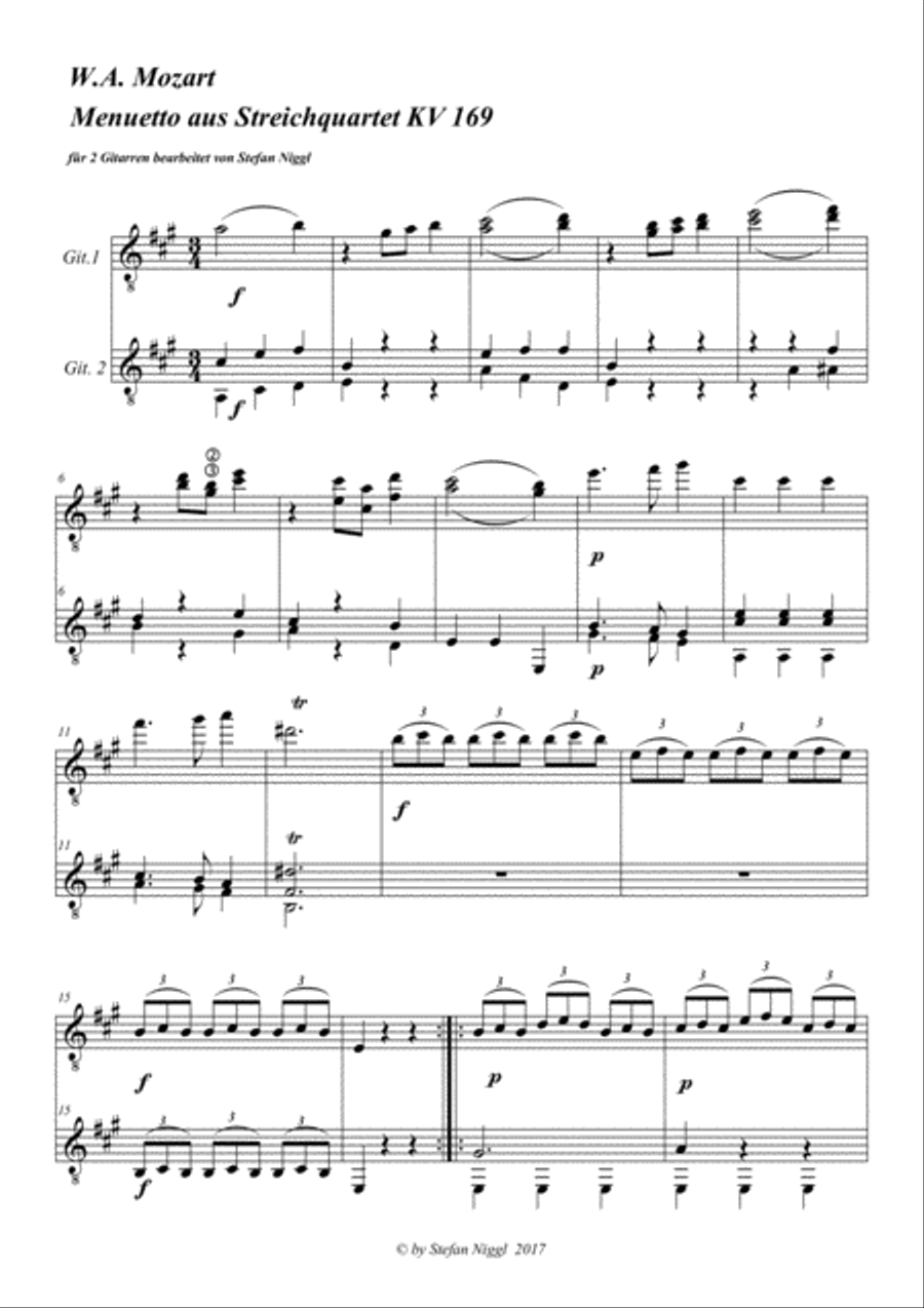 Menuet from String Quartet KV 169 for 2 Guitars Cello scores gallery preview page 1