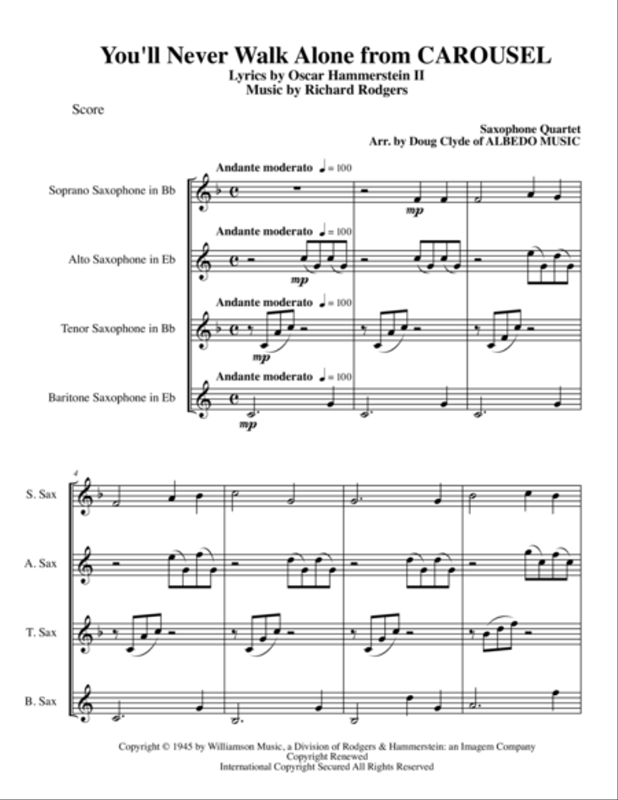 You'll Never Walk Alone Woodwind Quartet scores gallery preview page 1