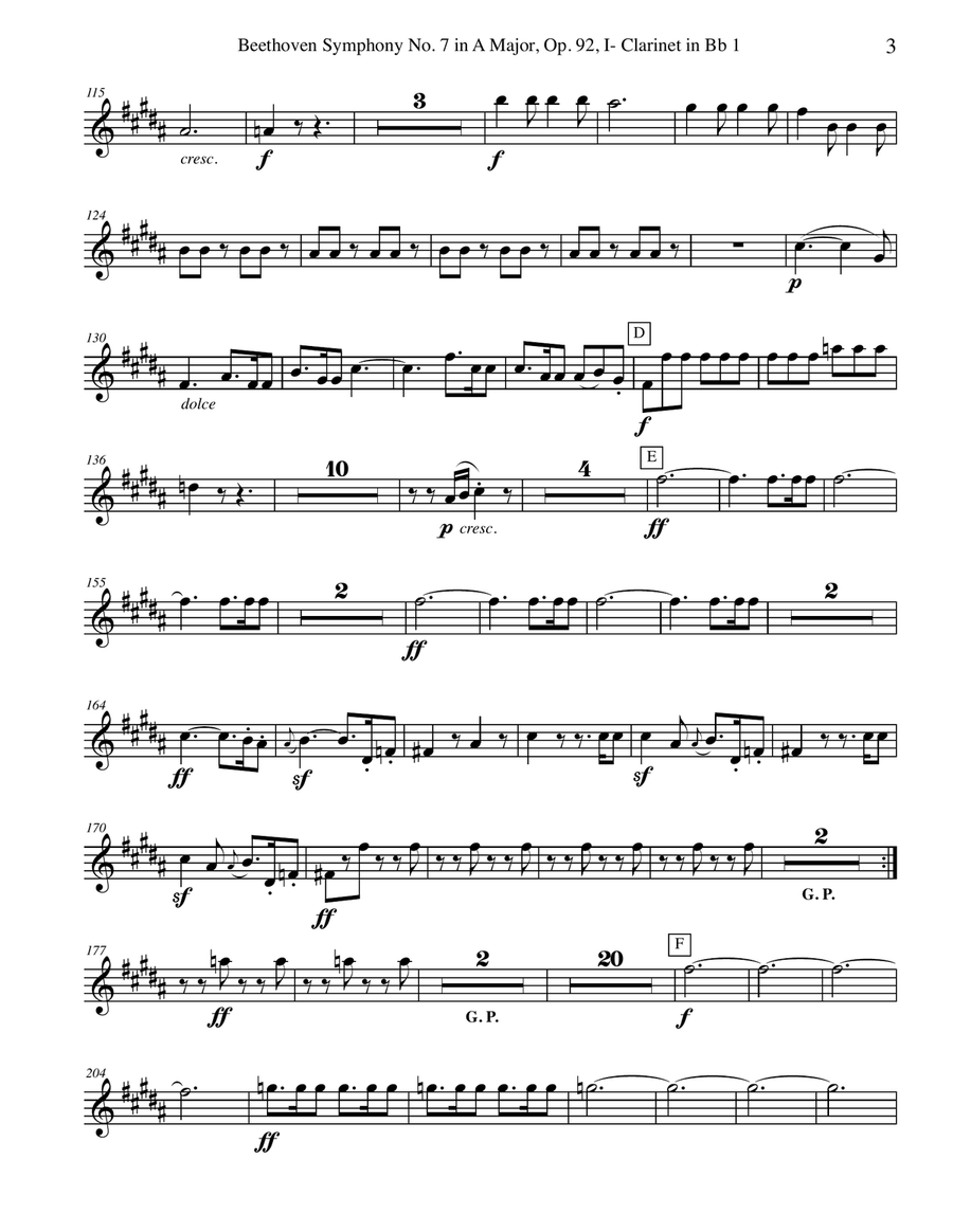Beethoven Symphony No. 7, Movement I - Clarinet in Bb 1 (Transposed Part), Op. 92 B-Flat Clarinet scores gallery preview page 3
