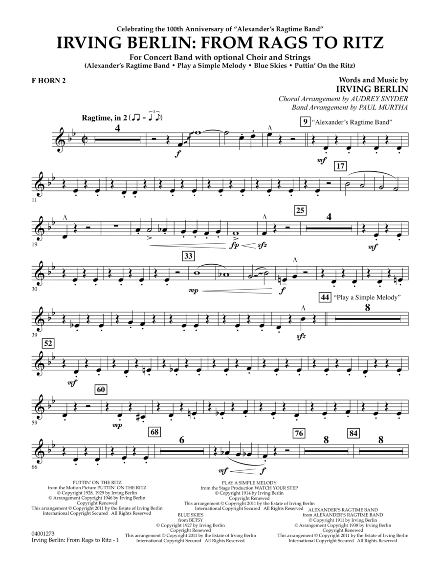 Irving Berlin: From Rags To Ritz - F Horn 2 Concert Band scores gallery preview page 1