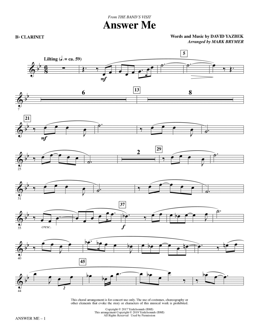 Answer Me (from The Band's Visit) (arr. Mark Brymer) - Bb Clarinet