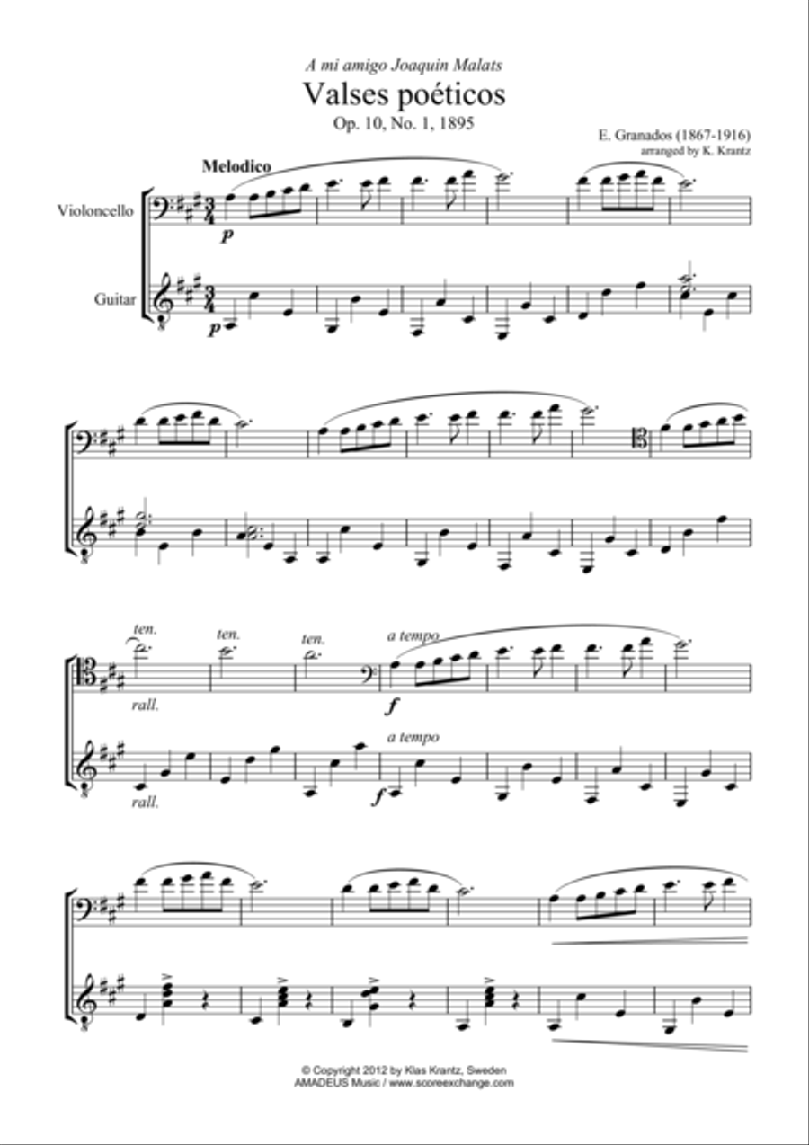 Valses poeticos Op. 10, (# 1, 2, 4) for cello and guitar