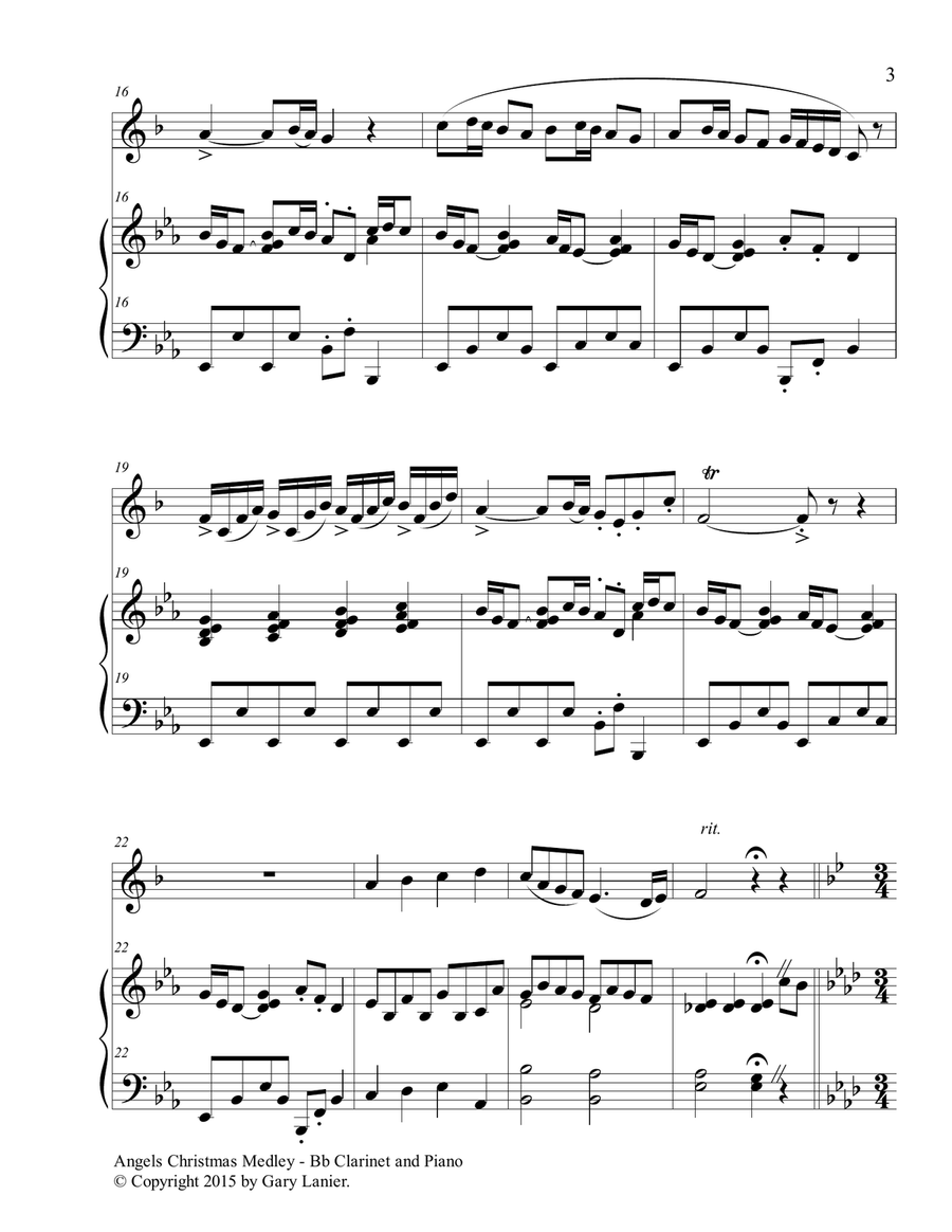 Gary Lanier: ANGELS CHRISTMAS MEDLEY (Duet – Bb Clarinet & Piano with Parts) Woodwind Duet scores gallery preview page 4
