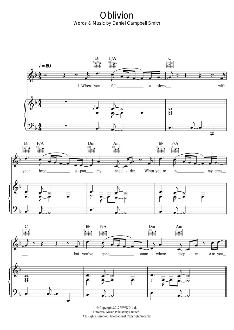 Oblivion Piano, Vocal, Guitar scores gallery preview page 1