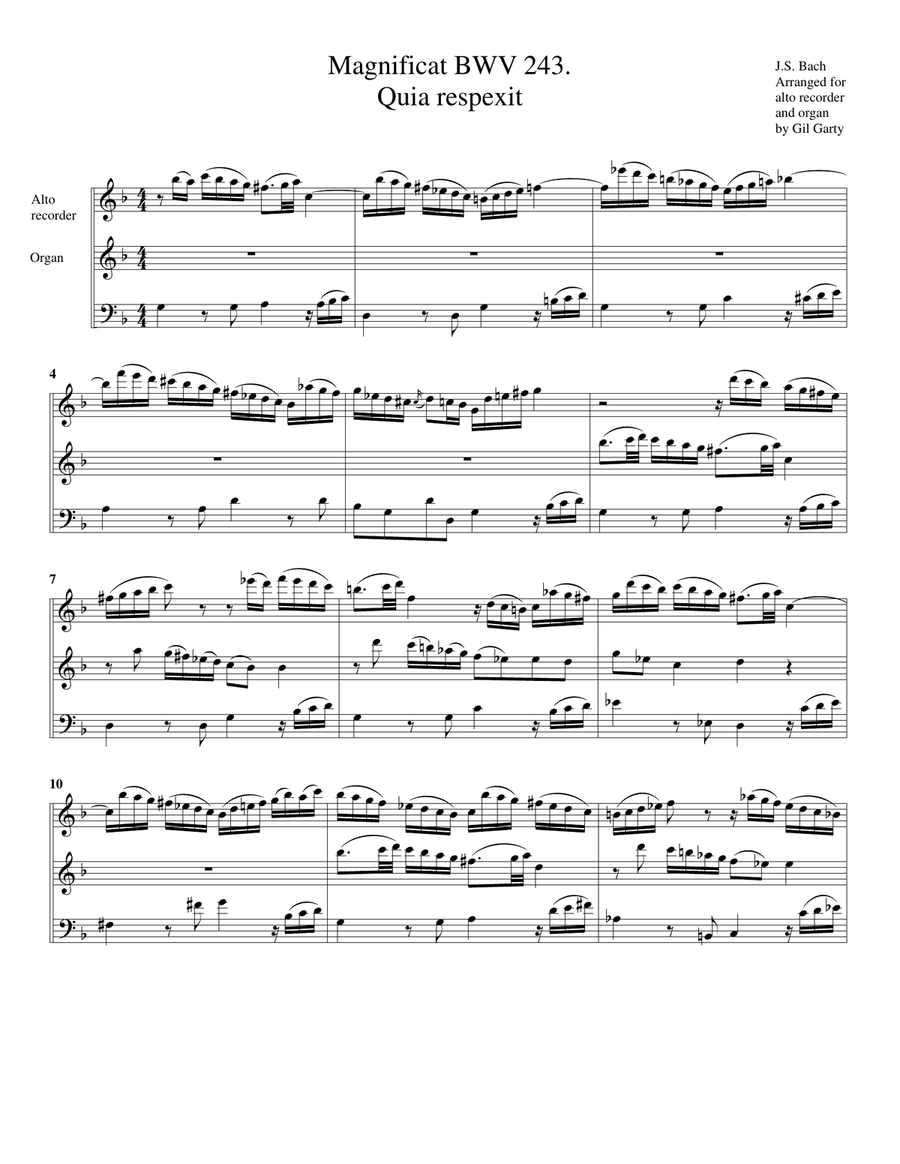 Quia respexit from Magnificat, BWV 243 (arrangement for alto recorder and organ or harpsichord) Small Ensemble scores gallery preview page 1