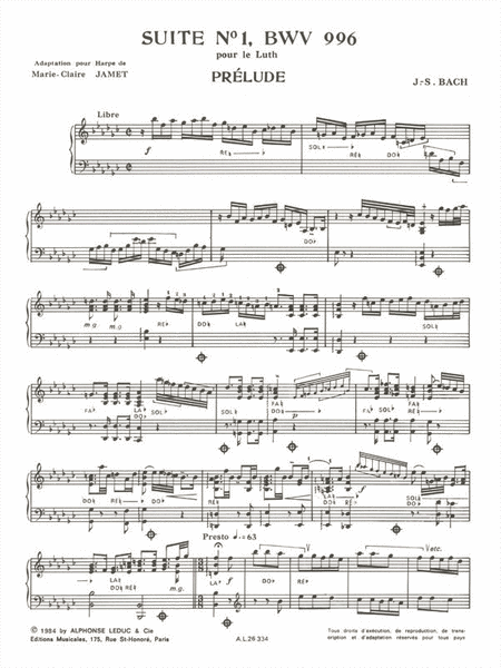 Suite No.1 Bwv996 Pour Le Luth (harp Solo)