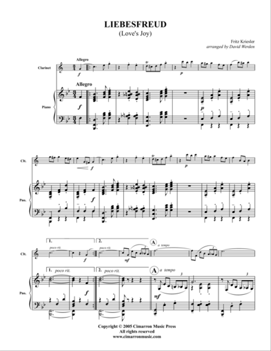 Liebesfreud (Love's Joy) Clarinet Solo scores gallery preview page 2