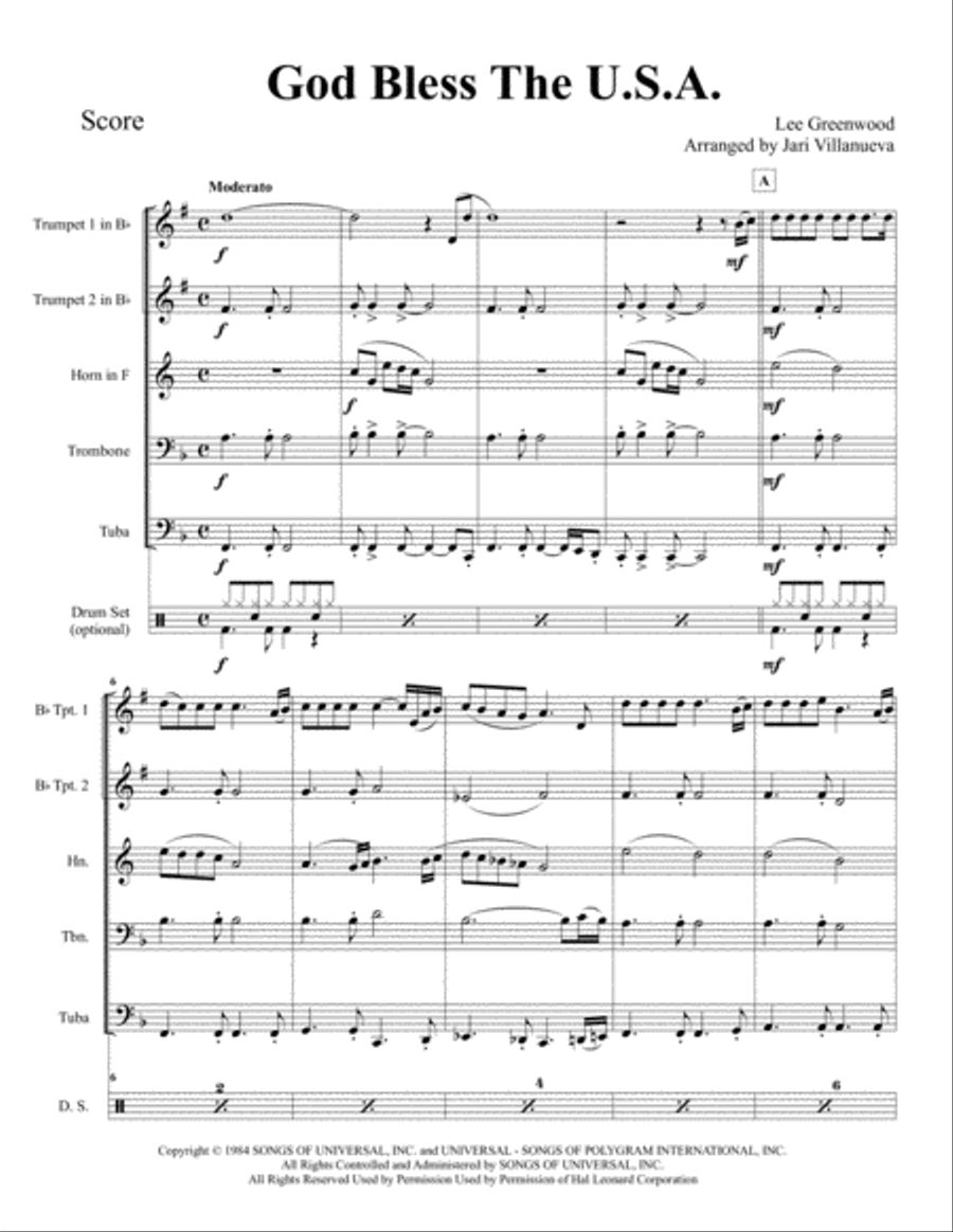 God Bless The U.S.A. Brass Ensemble scores gallery preview page 1