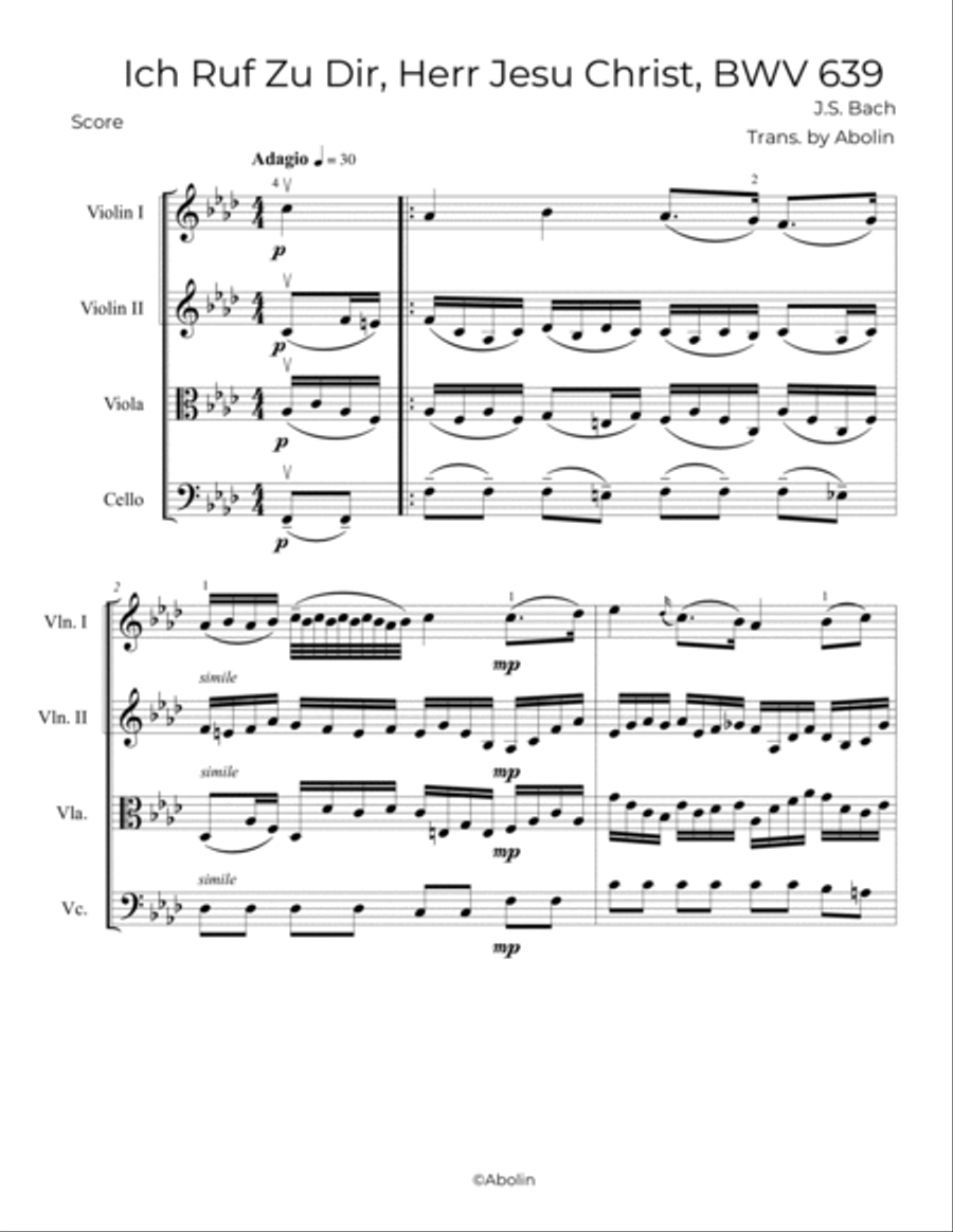 Bach: Ich Ruf Zu Dir, Herr Jesu Christ, BWV 639 - String Quartet String Quartet scores gallery preview page 2