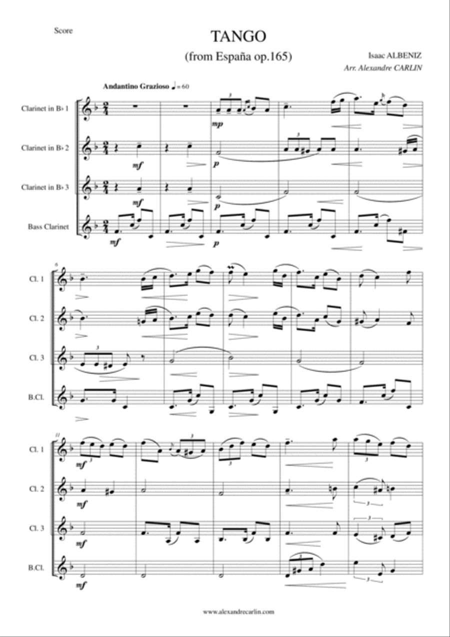 Tango by Albeniz - Arranged for Clarinet Quartet or Ensemble Clarinet Quartet scores gallery preview page 5