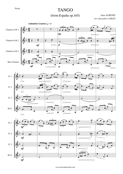 Tango by Albeniz - Arranged for Clarinet Quartet or Ensemble image number null