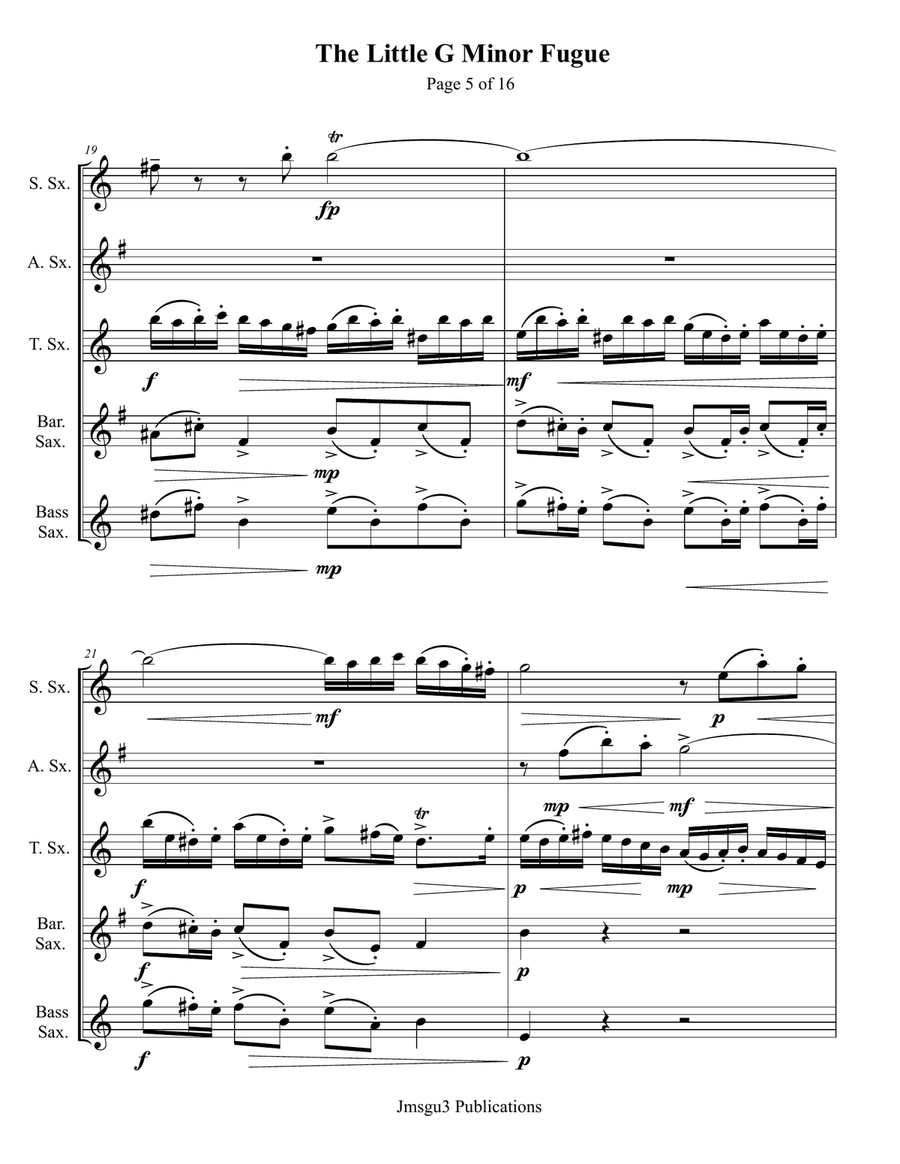 Bach: The Little Fugue in G Minor BWV 578 for Saxophone Quintet Saxophone Quintet scores gallery preview page 5