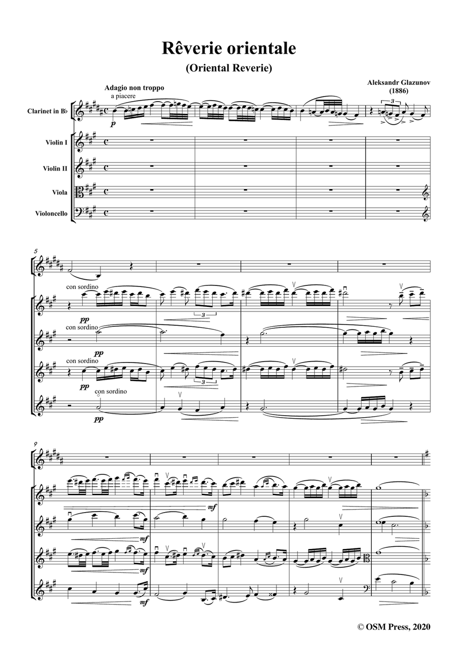 Glazunov-Rêverie orientale(Oriental Reverie),for Clarinet and Strings Small Ensemble scores gallery preview page 3