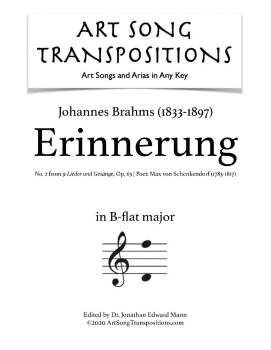BRAHMS: Erinnerung, Op. 63 no. 2 (transposed to B-flat major) Voice scores gallery preview page 1