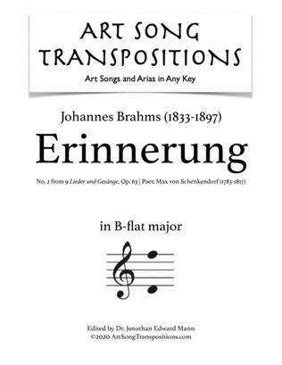 Book cover for BRAHMS: Erinnerung, Op. 63 no. 2 (transposed to B-flat major)