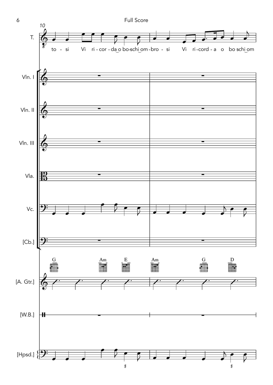 Vi ricorda o boschi ombrosi (score and parts for tenor and strings, with editorial guitar, harpsicho String Orchestra scores gallery preview page 6