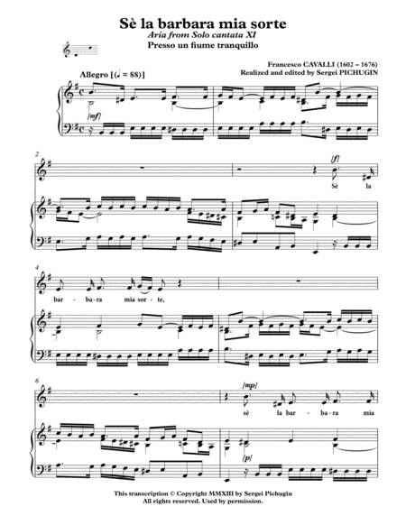 CAVALLI Francesco: Sè la barbara mia sorte, aria from the cantata, arranged for Voice and Piano (E image number null