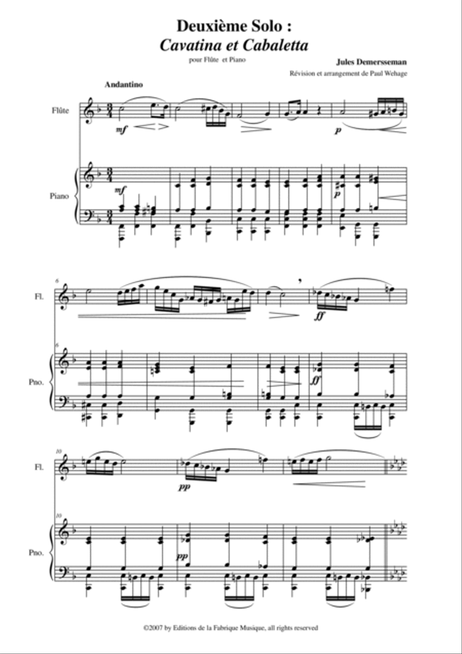 Jules Demersseman : Deuxième Solo : Cavatina et Cabaletta for flute and piano Flute Solo scores gallery preview page 2