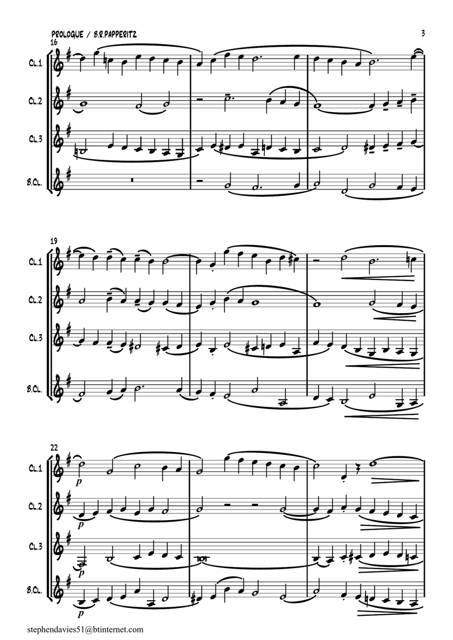 'Prologue' by Dr.Benjamin Robert Papperitz (1826-1903) for Clarinet Quartet. Clarinet Quartet scores gallery preview page 3