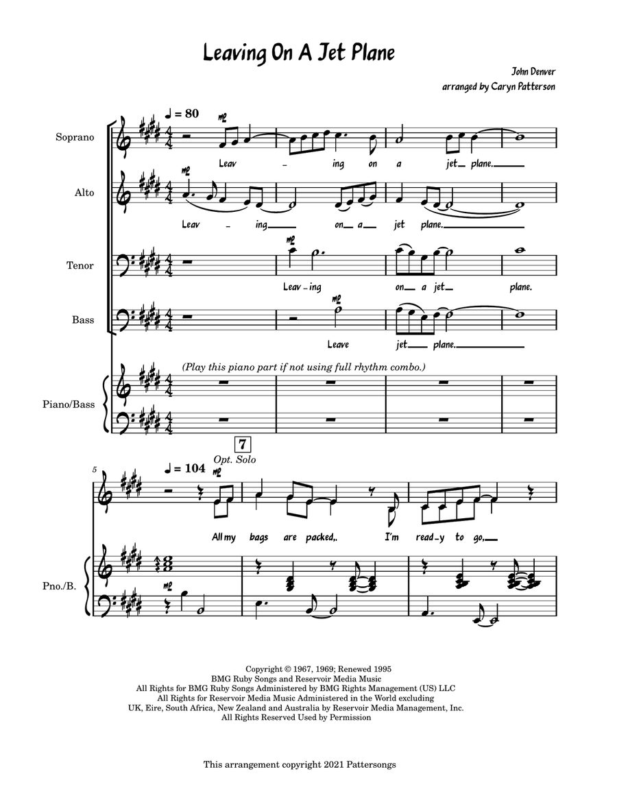 Leaving On A Jet Plane 4-Part scores gallery preview page 1