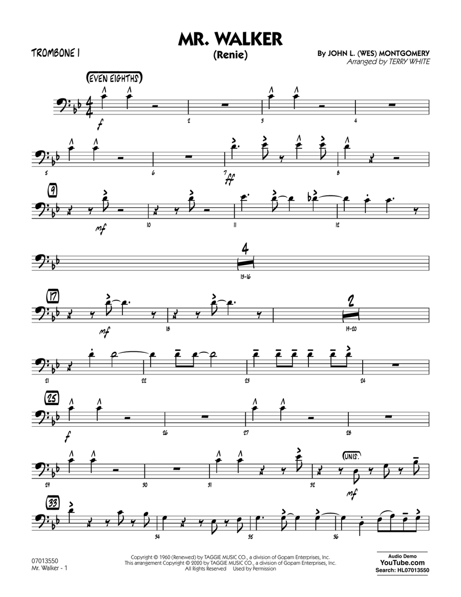 Mr. Walker (arr. Terry White) - Trombone 1 Jazz Ensemble scores gallery preview page 1