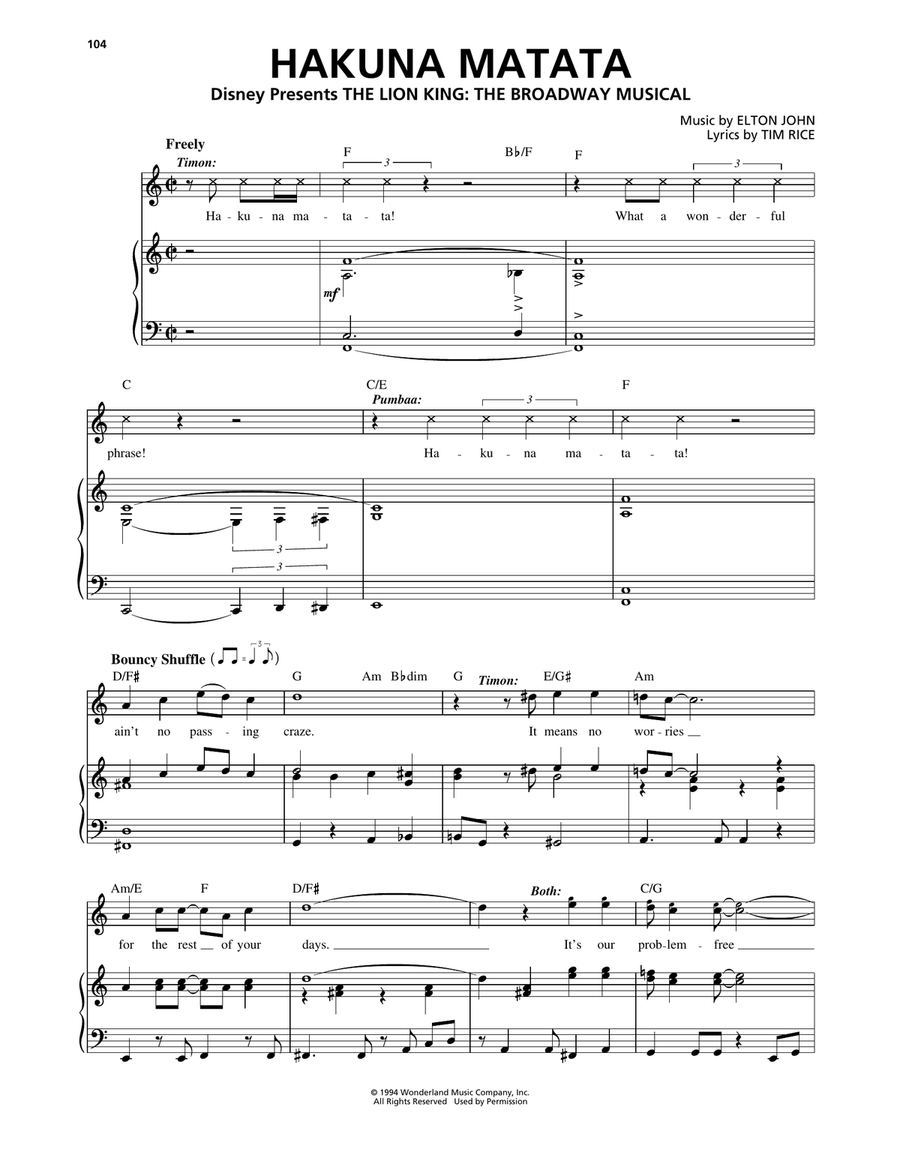 Hakuna Matata (from The Lion King: Broadway Musical) Piano, Vocal, Guitar scores gallery preview page 1