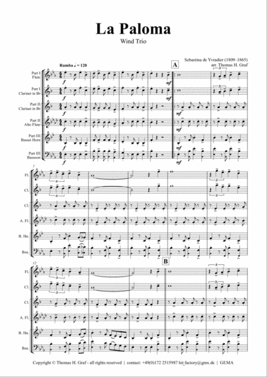 La Paloma - Spanish Habanera - Wind Trio Woodwind Trio scores gallery preview page 1