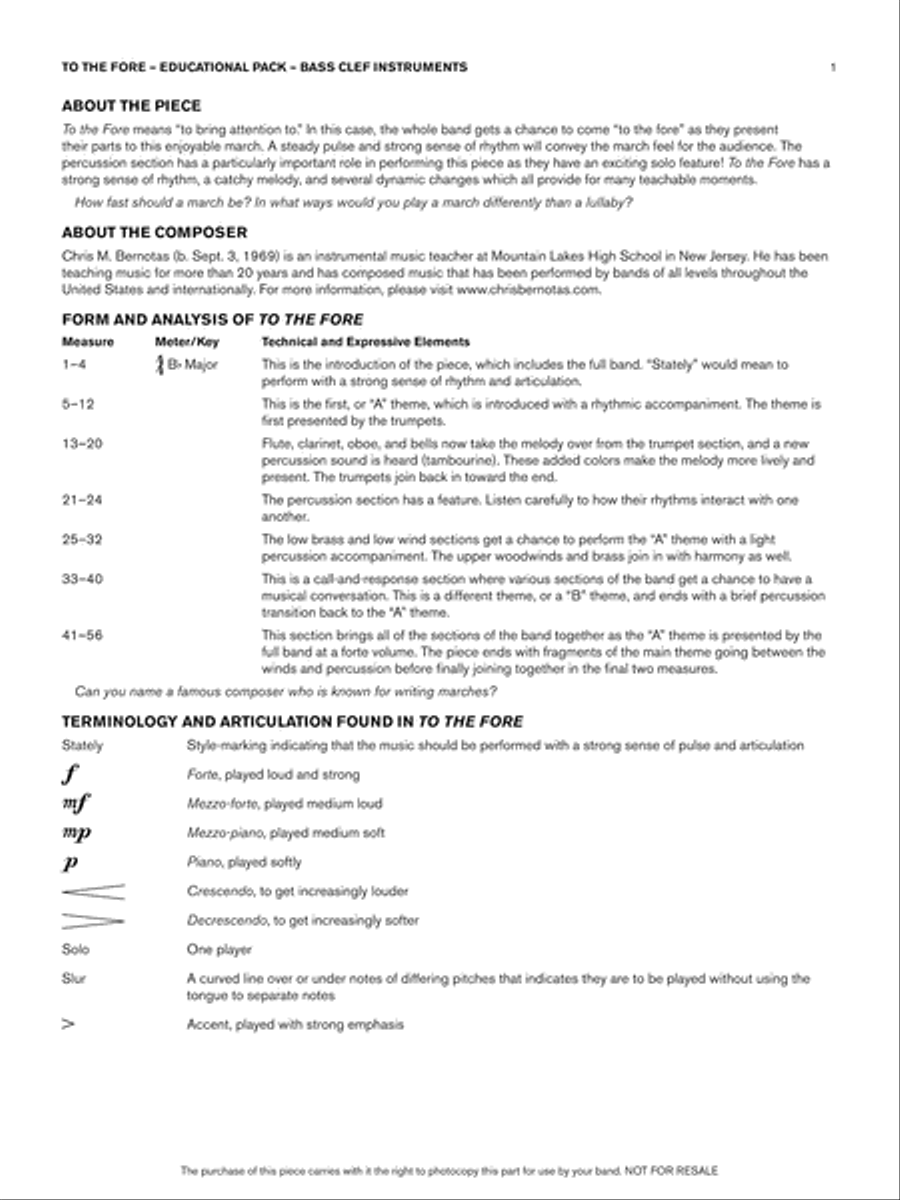 To the Fore: Bass Clef Educational Pack Concert Band scores gallery preview page 1