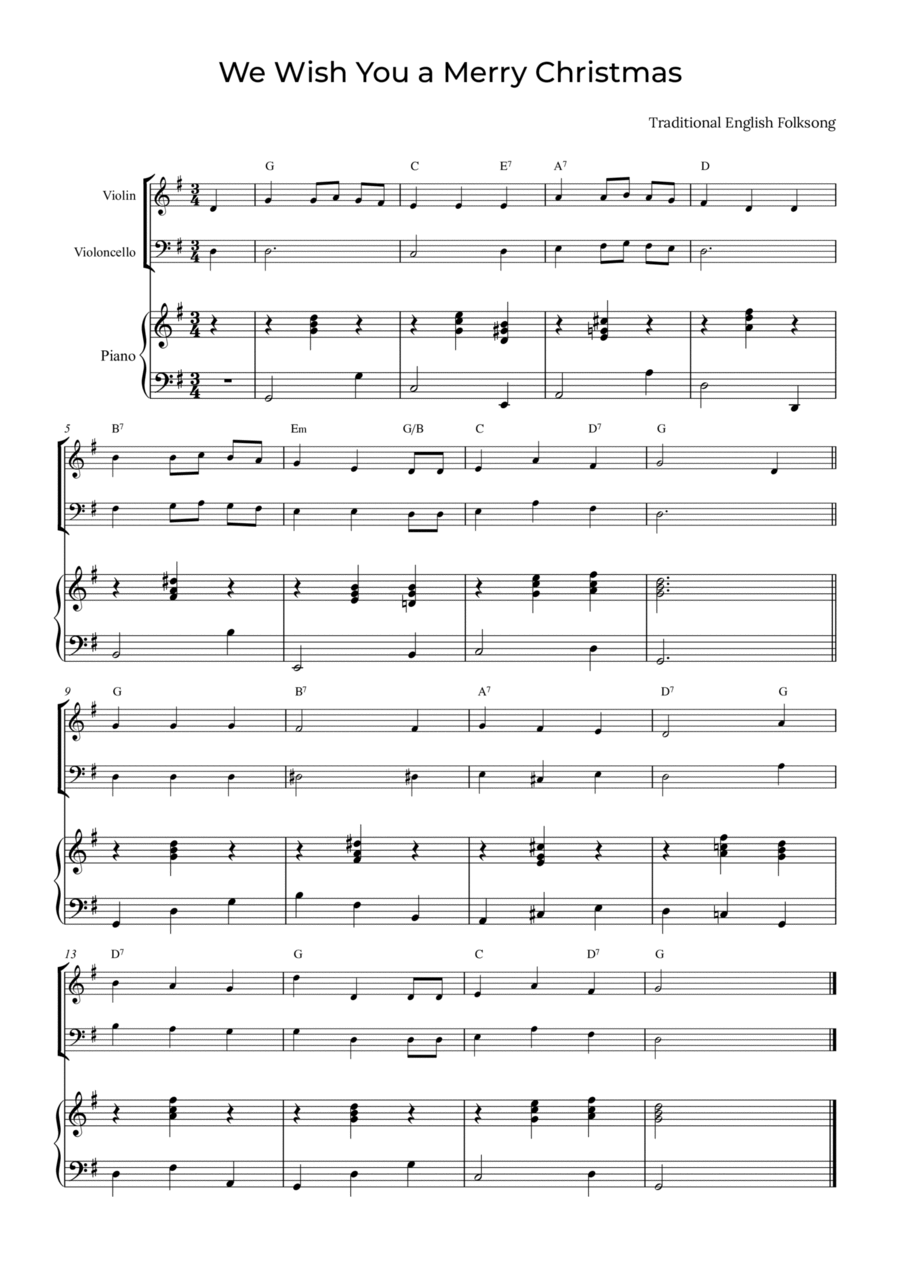 We Wish You a Merry Christmas - Violin and Cello with piano and chords Piano Trio scores gallery preview page 1