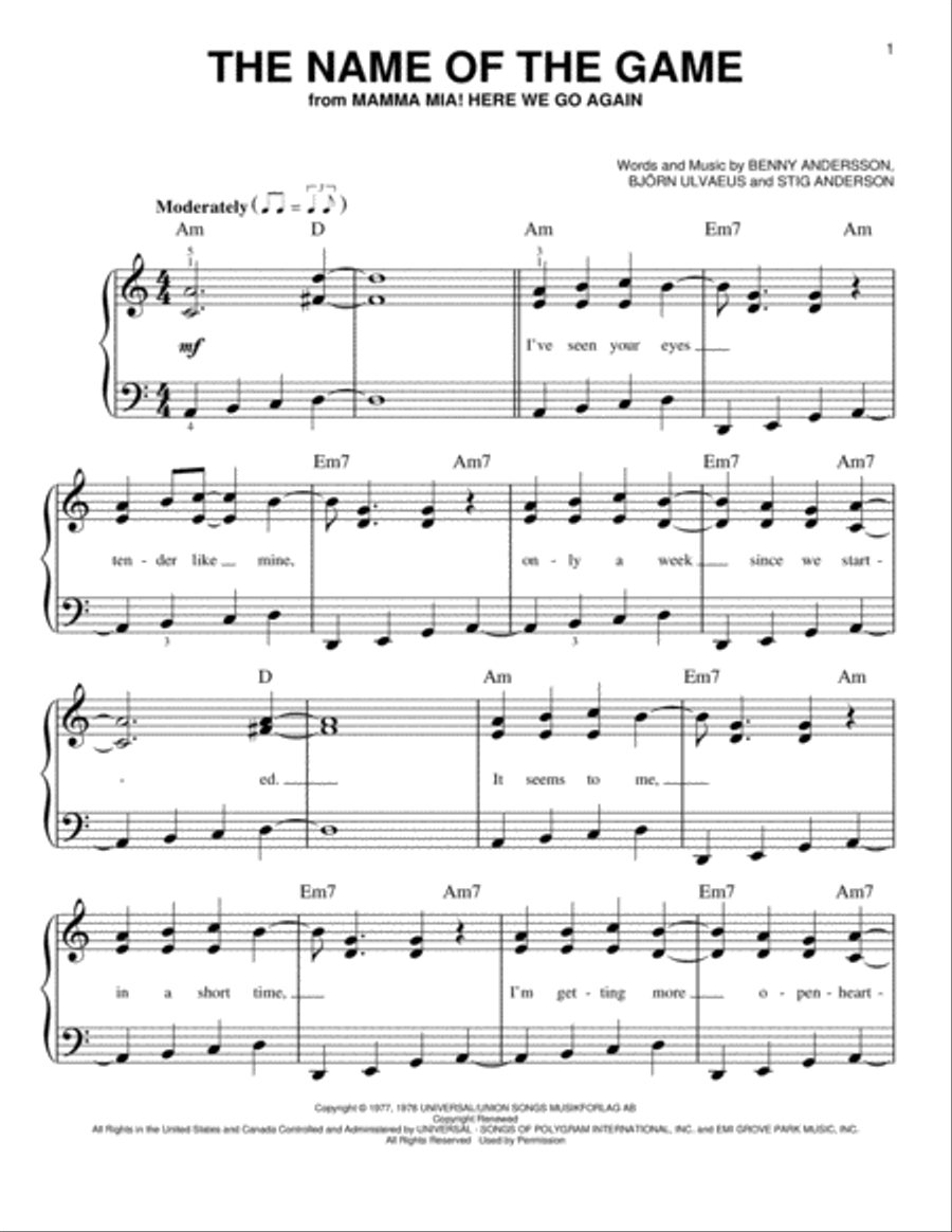 The Name Of The Game (from Mamma Mia! Here We Go Again) Easy Piano scores gallery preview page 1