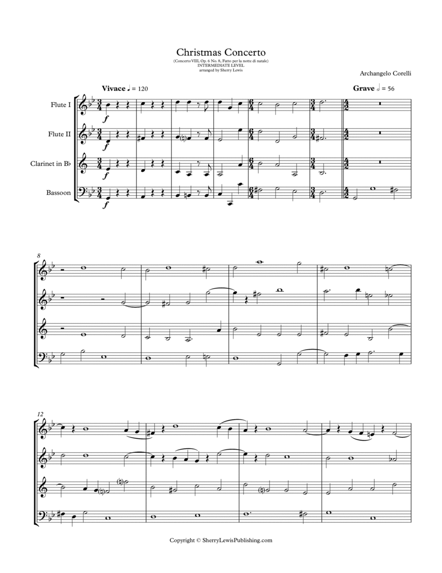 CHRISTMAS CONCERTO Concerto VIII Op. 6 No. 8, Fatto per la notte di natale, by Corelli, for Woodwin Woodwind Quartet scores gallery preview page 1