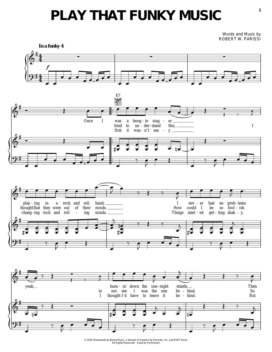 Play That Funky Music Piano, Vocal, Guitar scores gallery preview page 1
