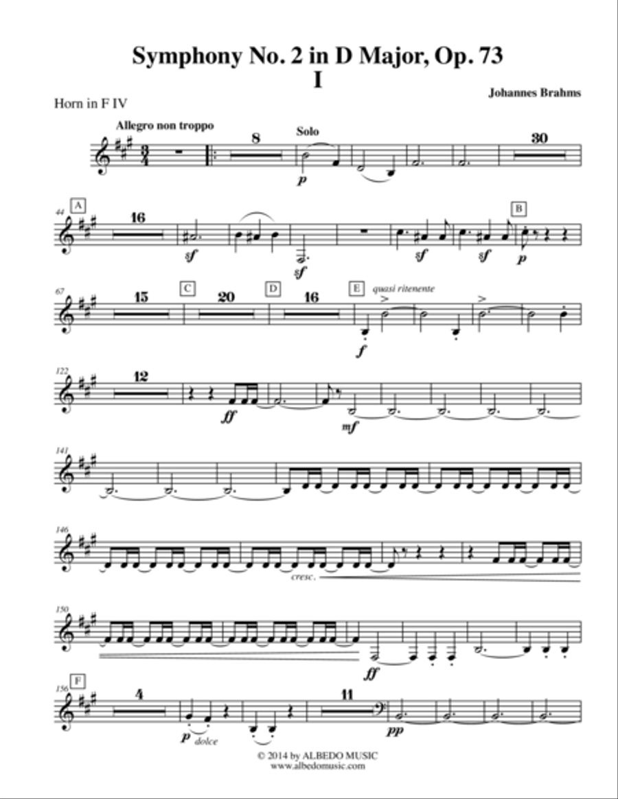 Brahms Symphony No. 2, Movement I - Horn in F 4 (Transposed Part), Op. 73 Horn Solo scores gallery preview page 1