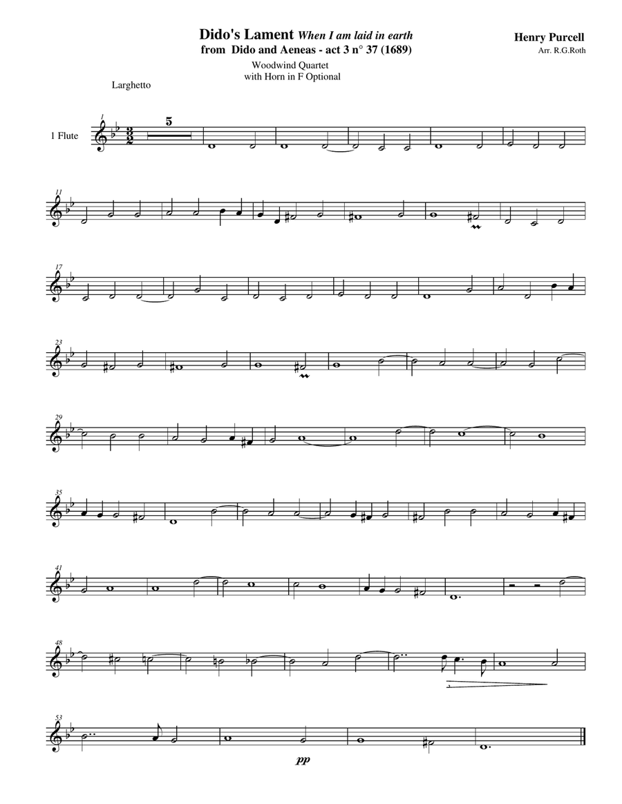 Purcell 1689 Dido & Aeneas When I am laid in earth Dido for Woodwind Quintet or Quartet