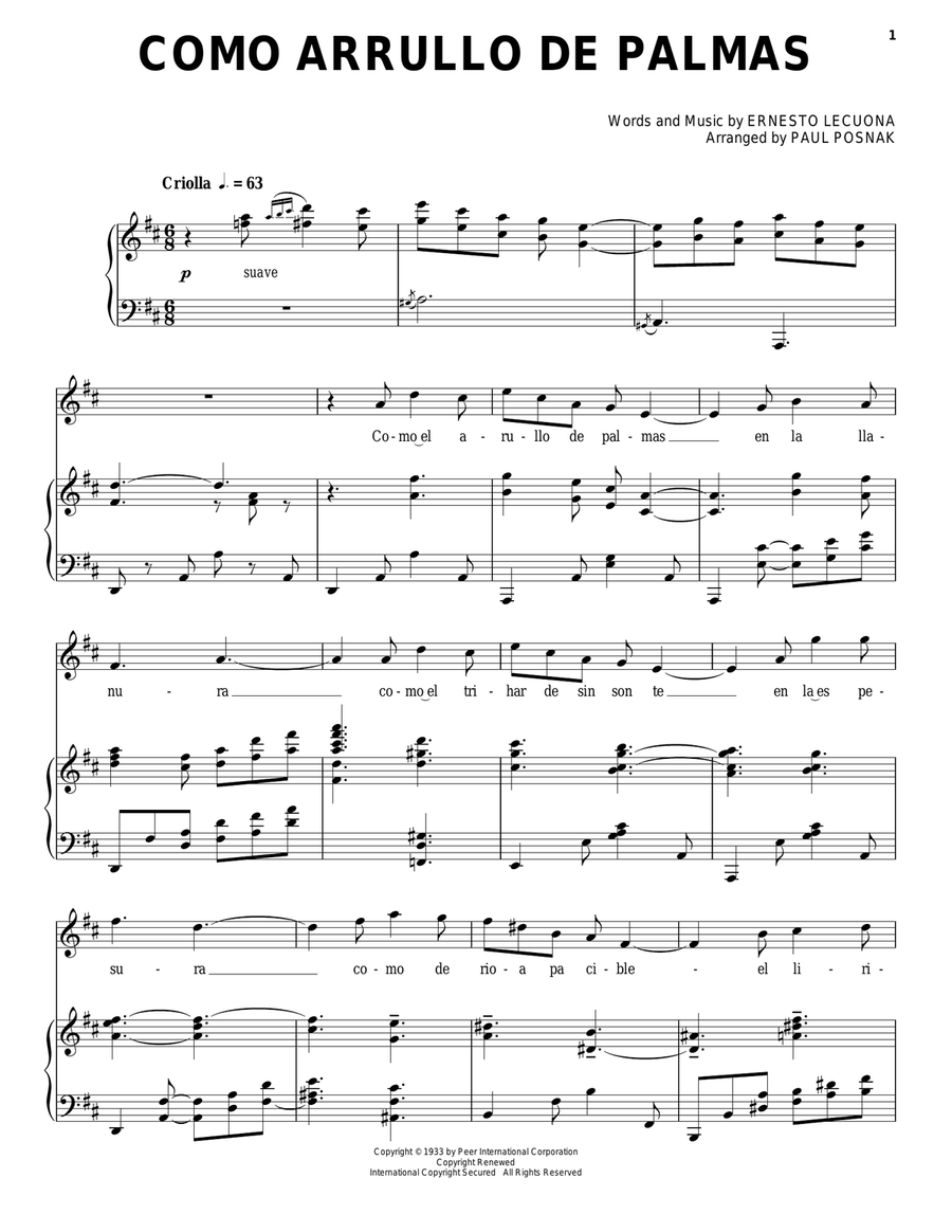 Como Arrullo De Palmas Piano, Vocal scores gallery preview page 1