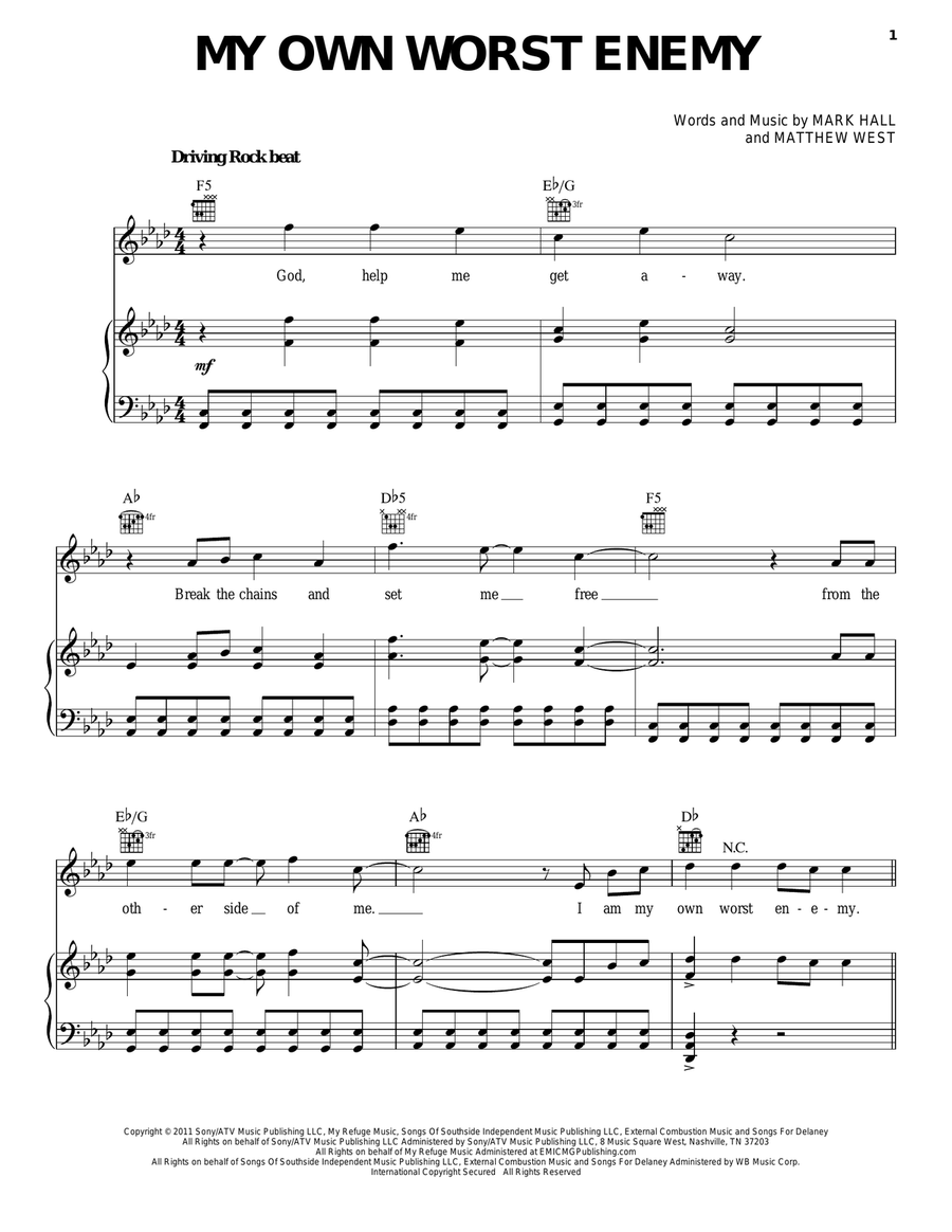 My Own Worst Enemy Piano, Vocal, Guitar scores gallery preview page 1