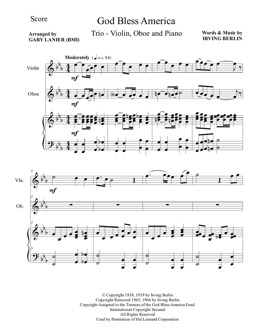 God Bless America Oboe scores gallery preview page 2