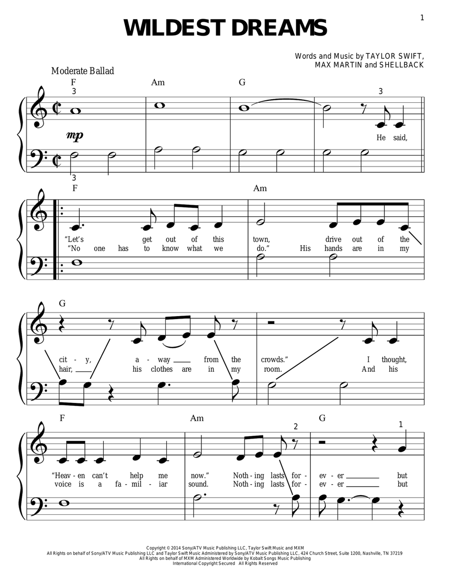 Wildest Dreams Easy Piano scores gallery preview page 1