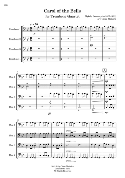 Carol Of The Bells - Trombone Quartet (Full Score and Parts) image number null