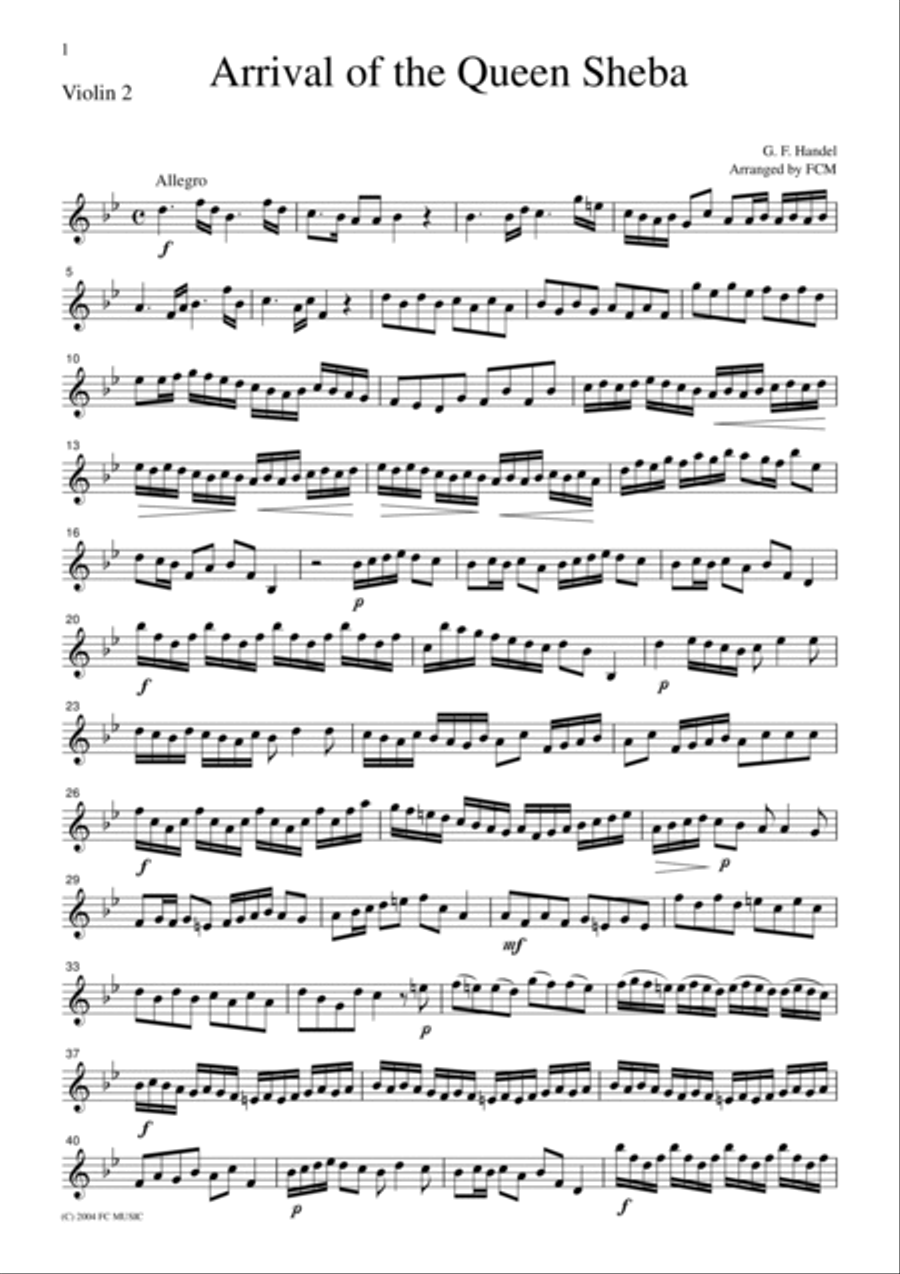 Handel Arrival of the Queen Sheba, for string quartet, CH102 String Quartet scores gallery preview page 6