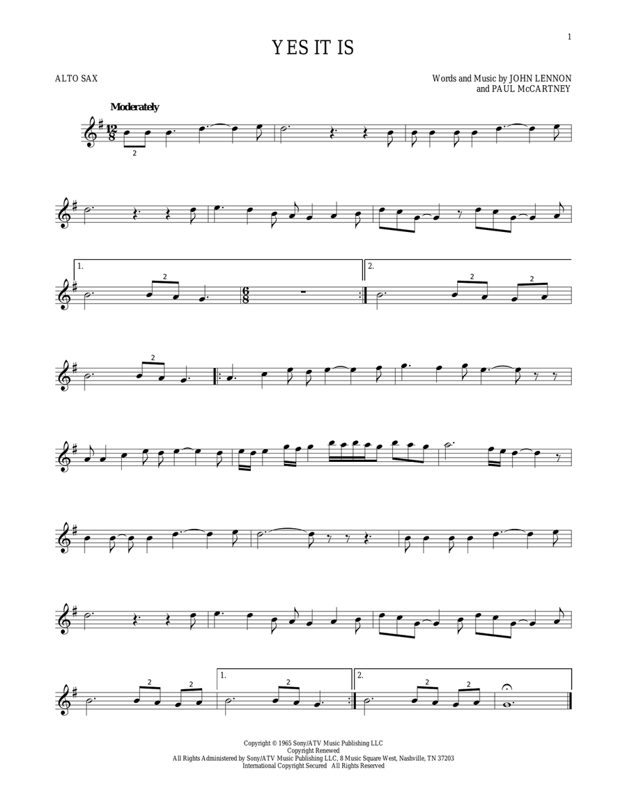 Yes It Is Alto Saxophone scores gallery preview page 1