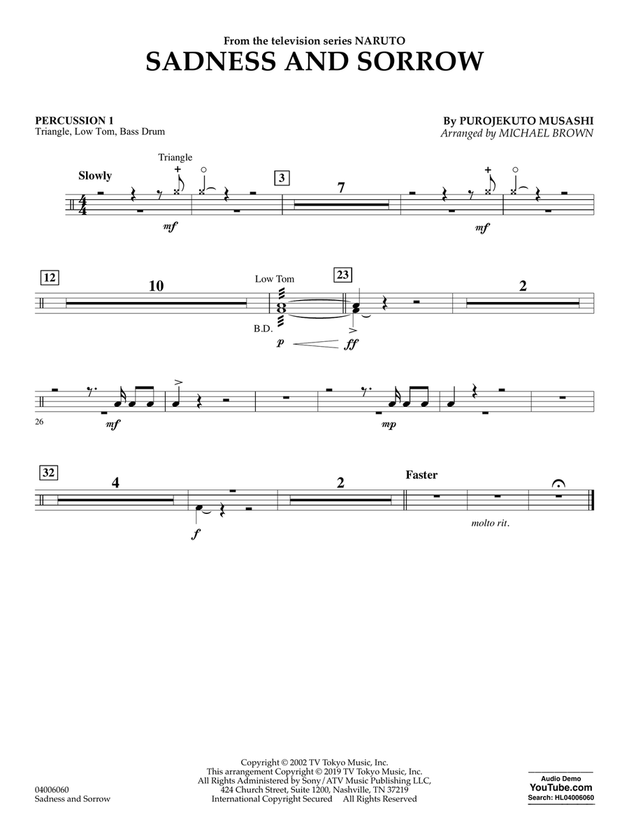 Sadness and Sorrow (from Naruto) (arr. Michael Brown) - Percussion 1 Concert Band scores gallery preview page 1
