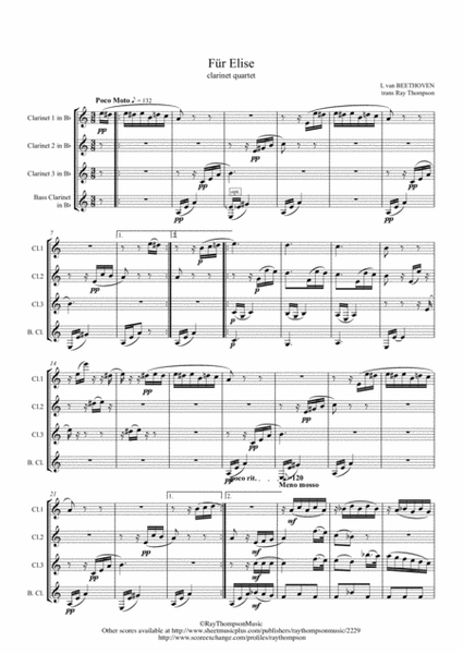 Beethoven: Bagatelle in A minor WoO 59 (Für Elise)(For Elise) - clarinet quartet image number null
