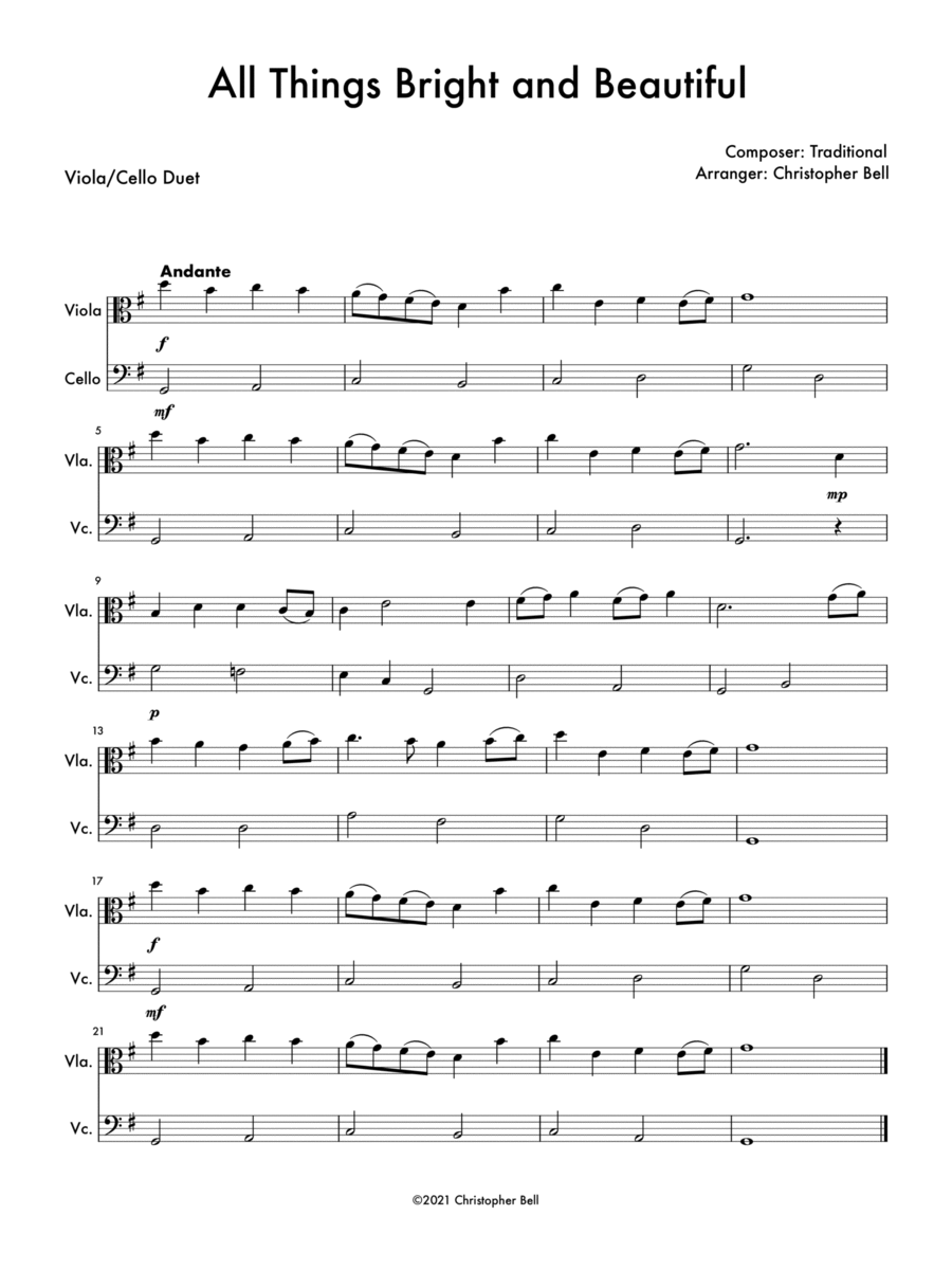 All Things Bright and Beautiful - Easy Viola/Cello Duet String Duet scores gallery preview page 1