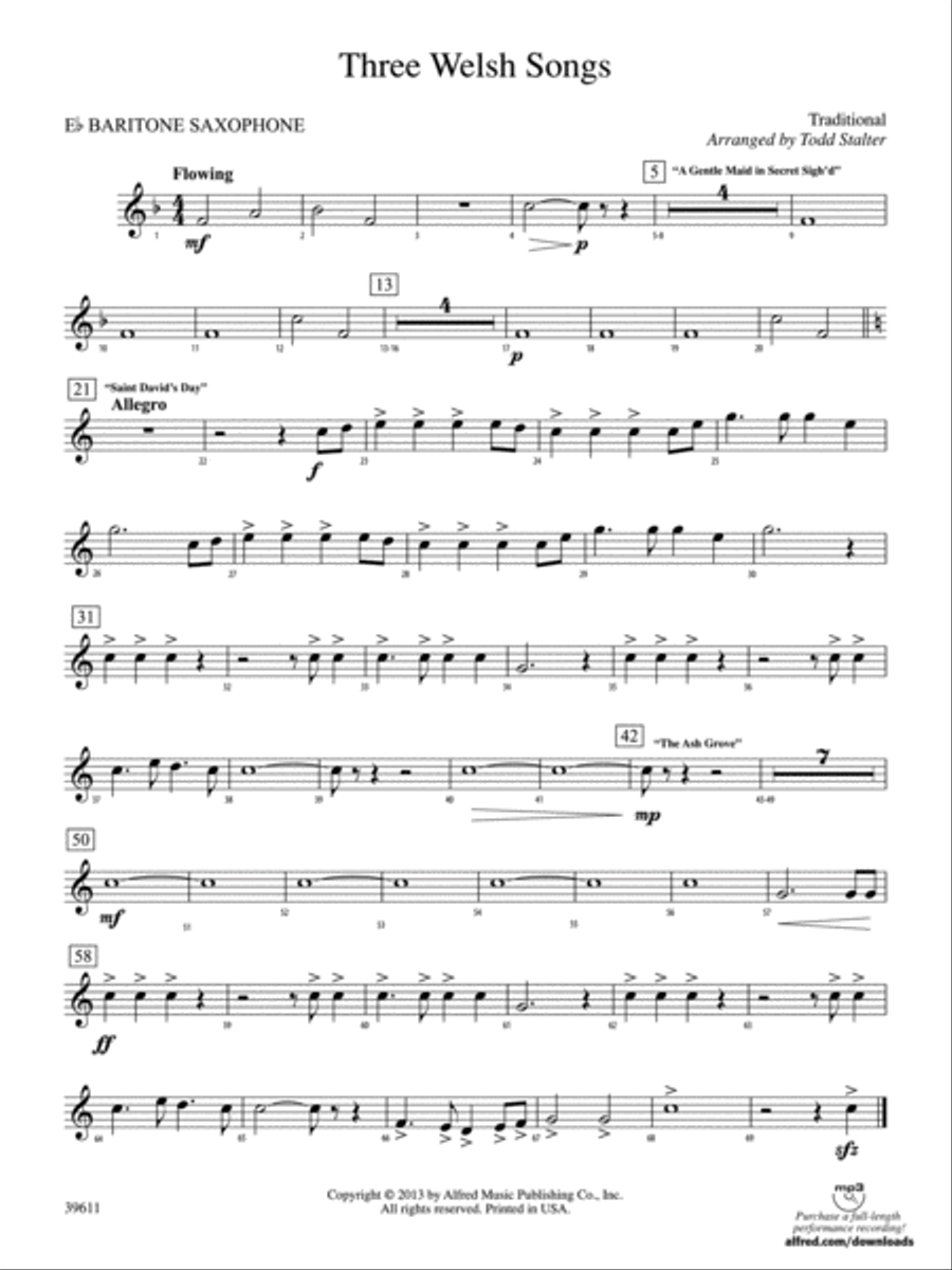 Three Welsh Songs: E-flat Baritone Saxophone Concert Band scores gallery preview page 1