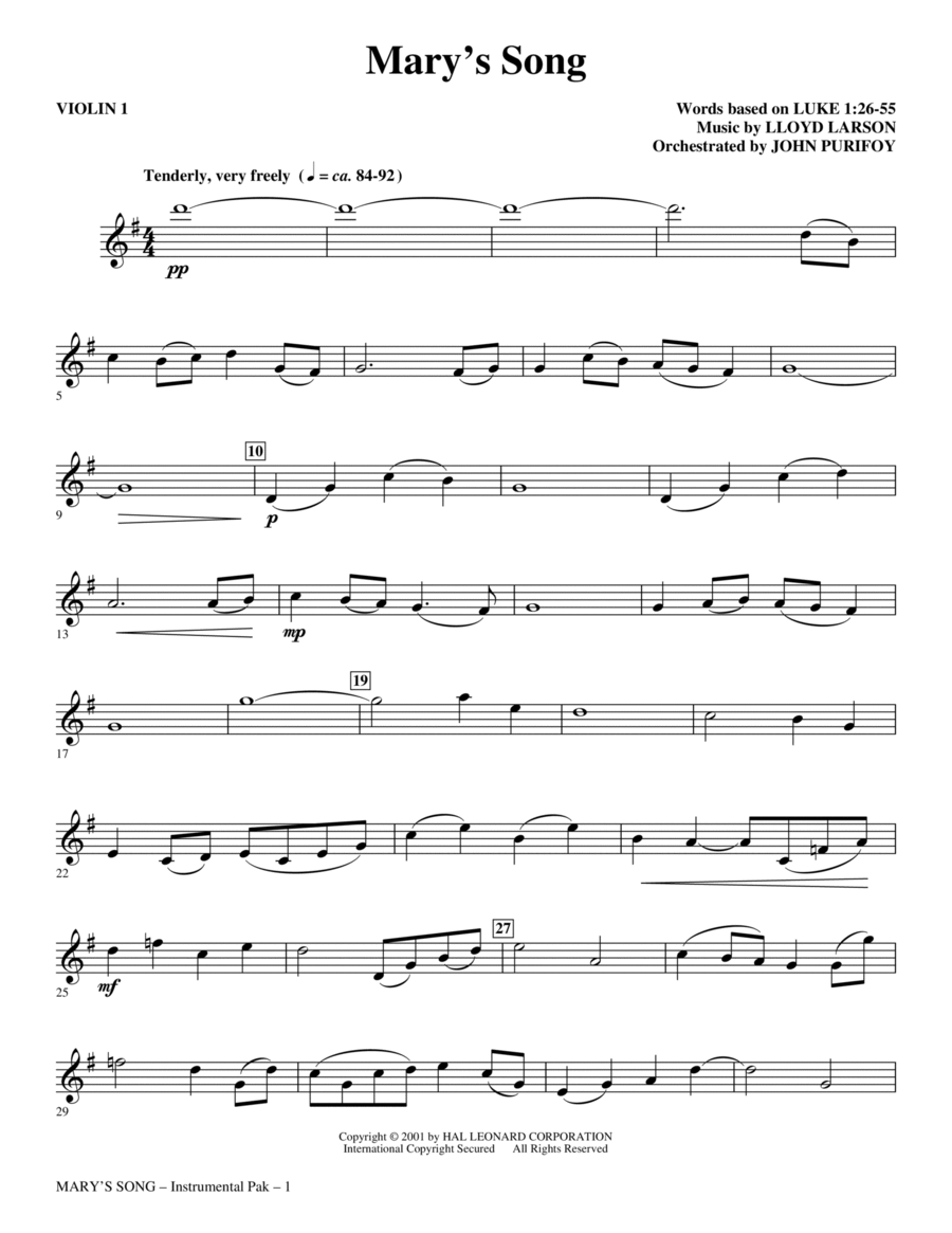 Mary's Song - Violin 1 Choir scores gallery preview page 1