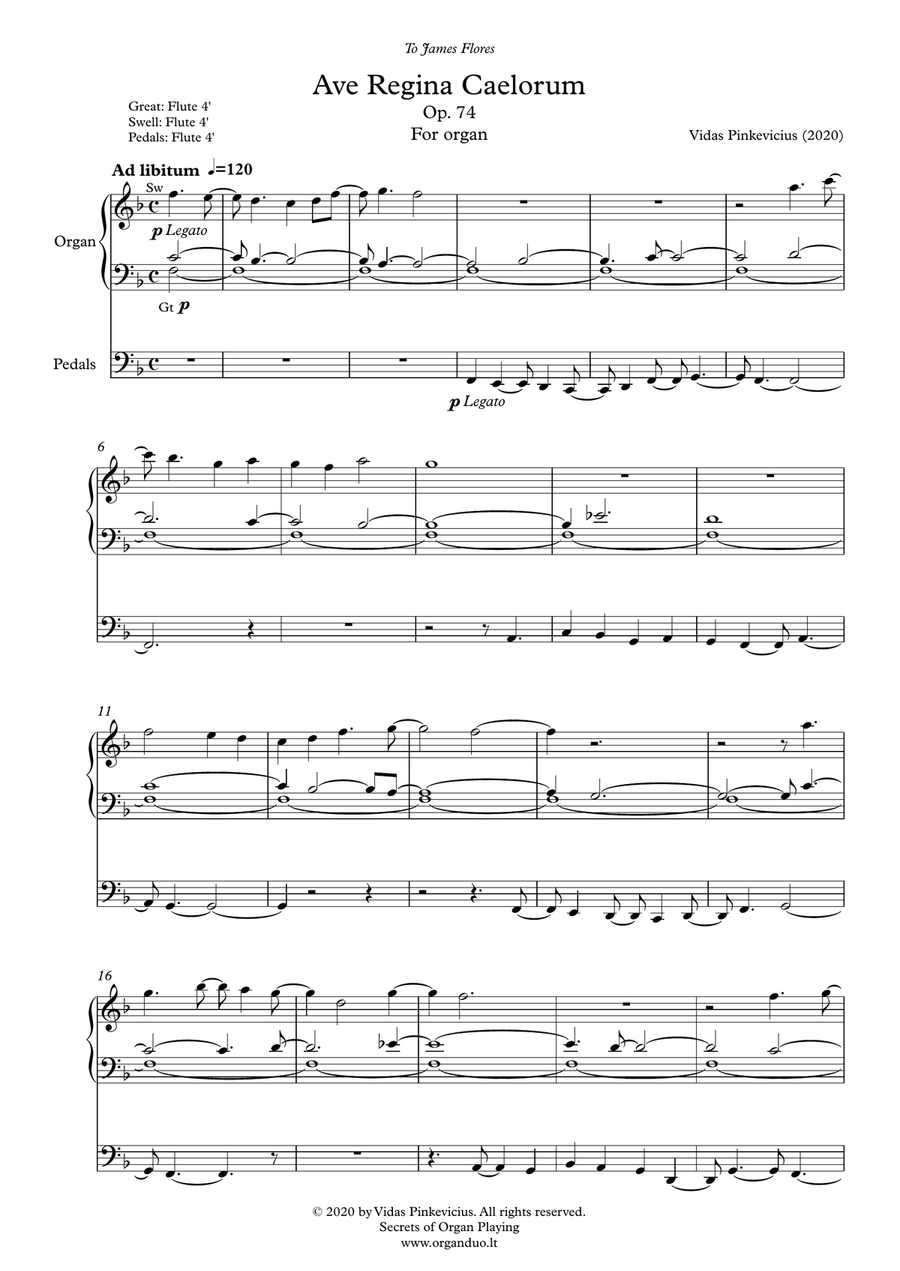 Ave Regina Caelorum, Op. 74 for organ by Vidas Pinkevicius (2020) Organ Solo scores gallery preview page 1