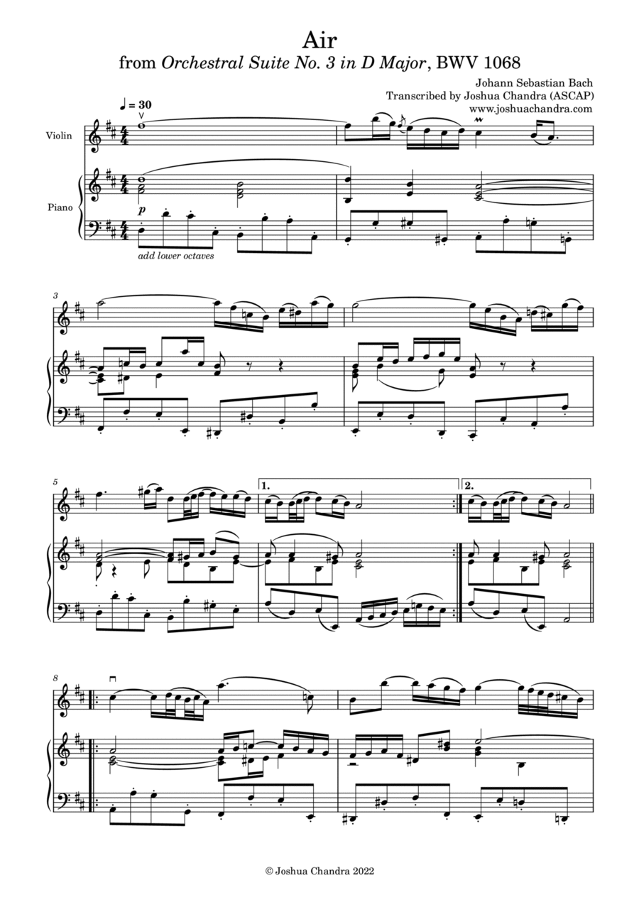 J.S. Bach's Air on a G String (from Orchestral Suite No. 3) Violin Solo scores gallery preview page 1